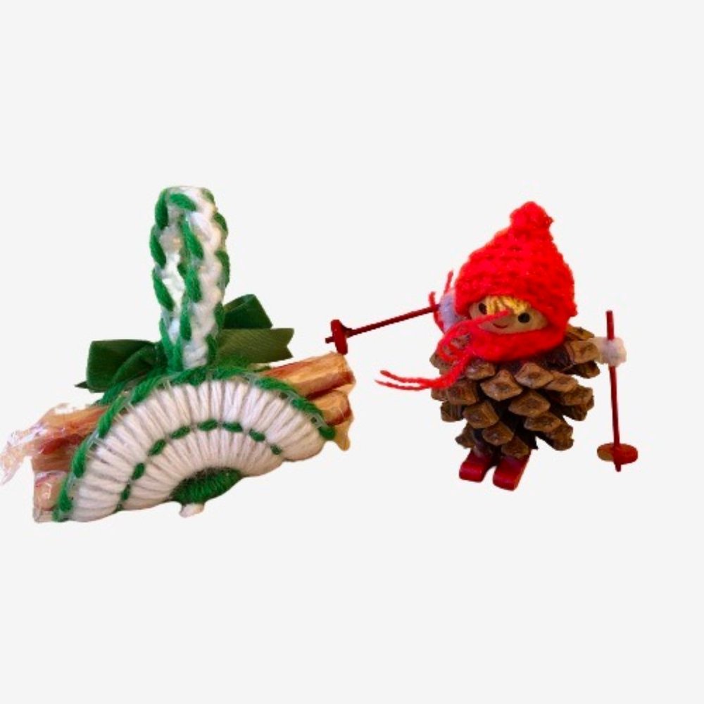 Vintage Christmas Ornaments Handmade Pine-Cone Skier + Yarn Log Carrier Lot 2